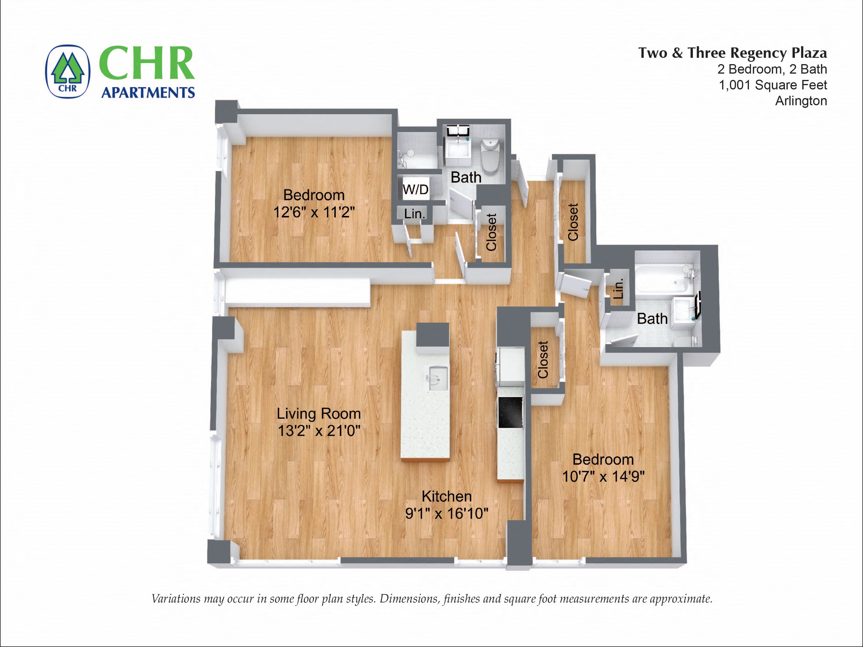 Floor plan for 2 beds, 2 baths, 1053 sqft